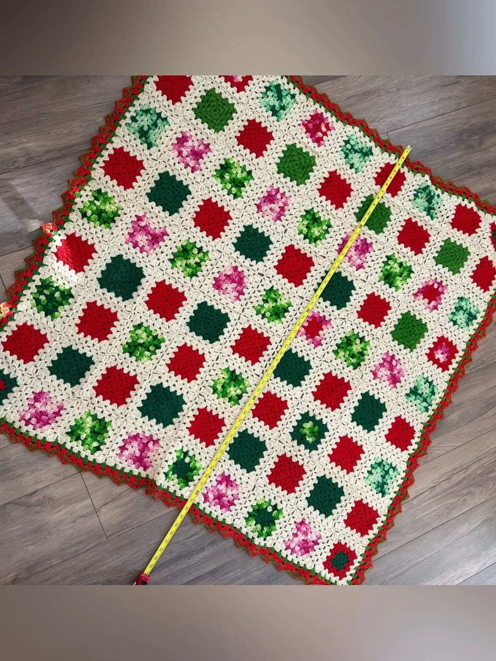 Vintage Hand Crocheted Granny Square Christmas Afghan Blanket